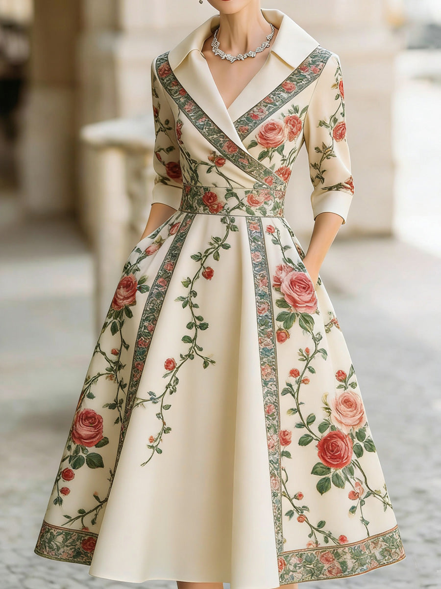 Retro Floral Art Texture Printed V-Neck Vintage Pocket-Style Long Sleeve Midi Dress